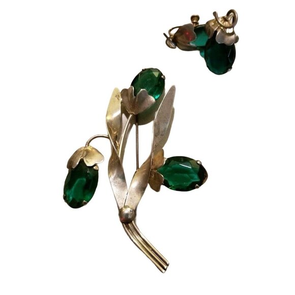 Sterling Silver Green Stone Floral Brooch Pin and Earring Set Celibity Owned JS6 - Picture 8 of 9